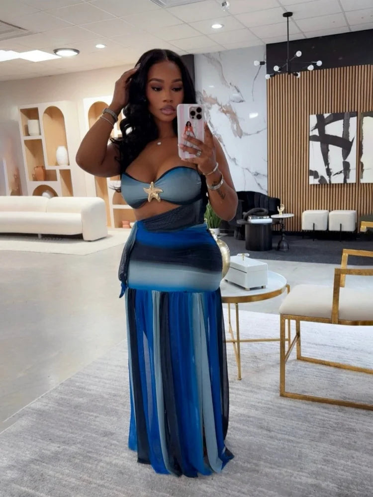 Two Piece Sets Women Wholesale Sexy and Elegant Vacation Fashion Strapless Gradient Casual Pleated Dress