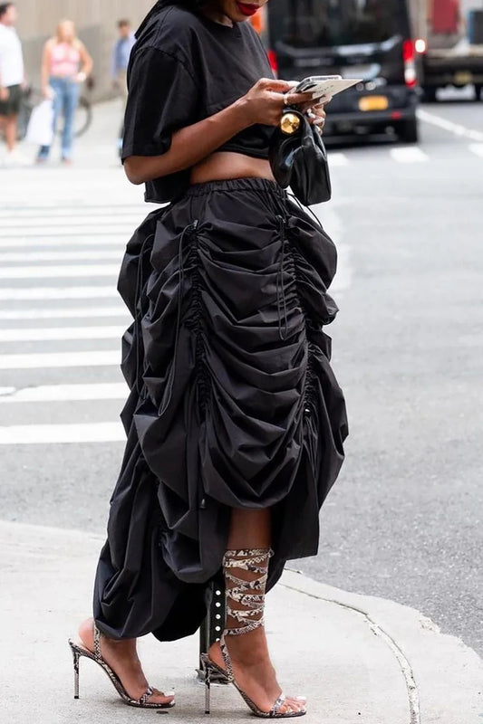 Plus Size Casual Two Piece Skirt Set for Women Fold Ruched Vintage Drawstring High Waist Irregular Skirt Vintage Summer