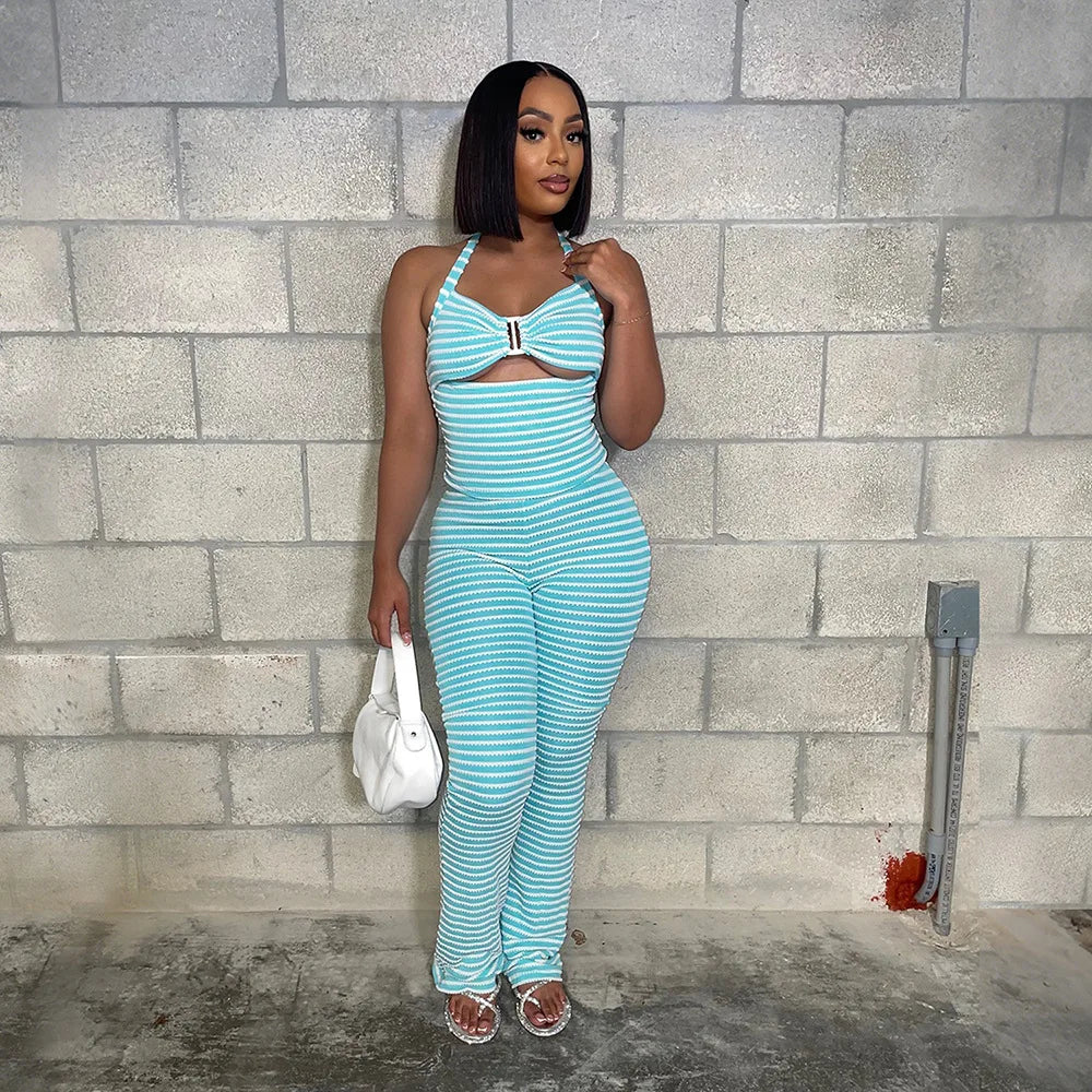 Fashion Women's Set Strapless Halter Striped Top + Pants Suit 2025