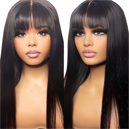 3x1 Middle Part Lace Wig Bone Straight Cheap Wigs Full Machine Made Human Hair Wig with Bangs for Women on Clearance Sale