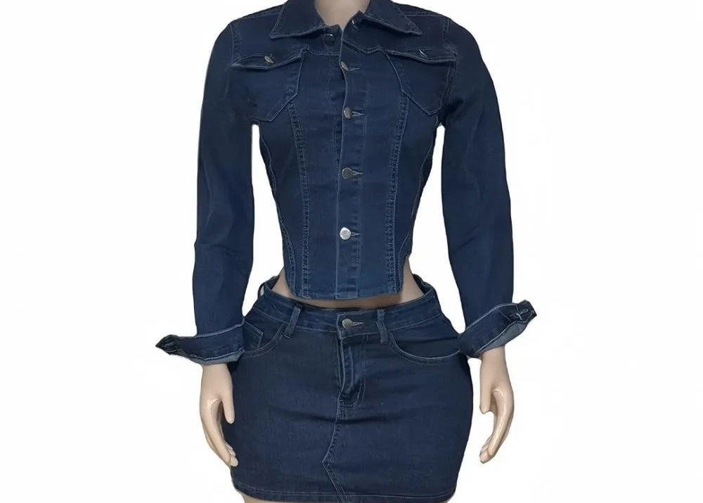 Fashion Denim Two Piece Set for Women Buttons Pocket Irregular Patchwork Crop Jacket + Skirt Female Streetwear Clothing
