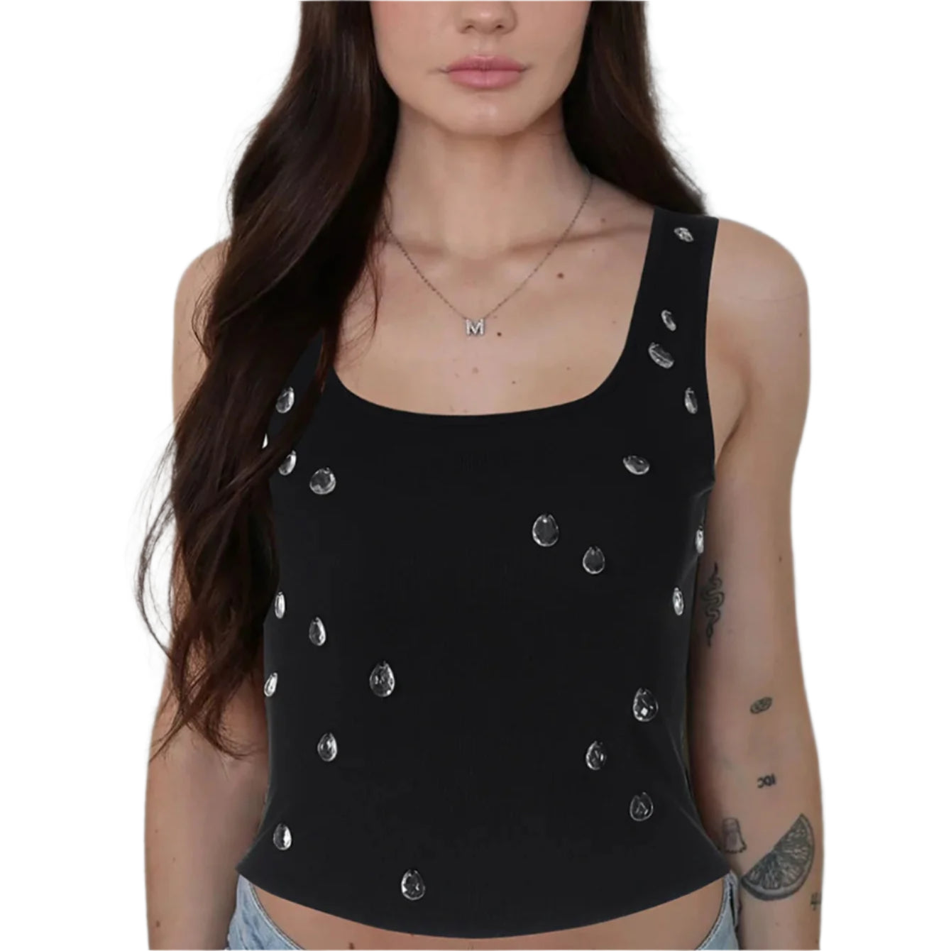 Ribbed Sleeveless Water Droplets Diamond Decorated Tank Sexy Casual Bodycon Top Party Club Streetwear Spring Summer
