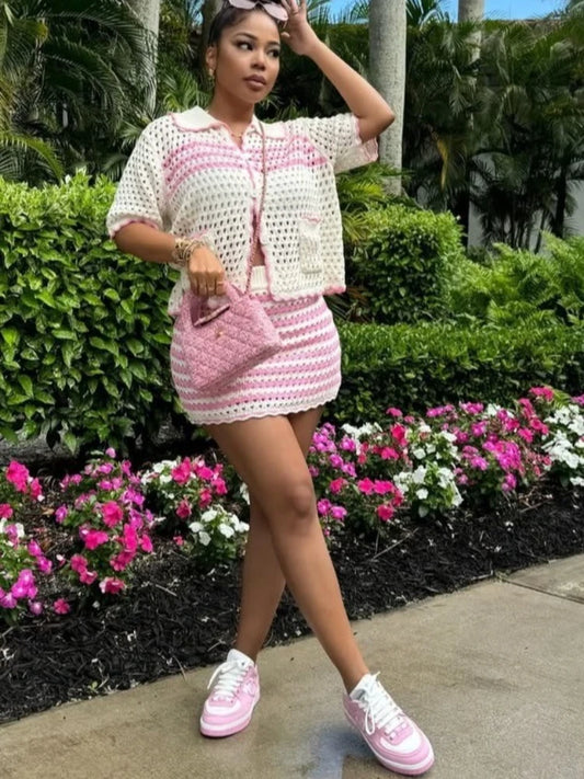 CM.YAYA Vintage Knit Ribbed Striped Women's Sets Short Sleeve Shirt Tops and Bodycon Midi Mini Skirt Suit Two 2 Piece Set Outfit