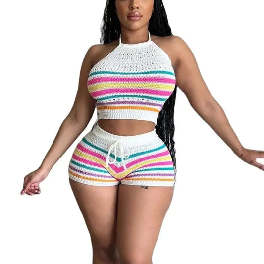 Women Suits Neck Lace-up Sleeveless Backless Tops Female Casual Knitted Rainbow Stripes Two Piece Sets Slim Fit Shorts