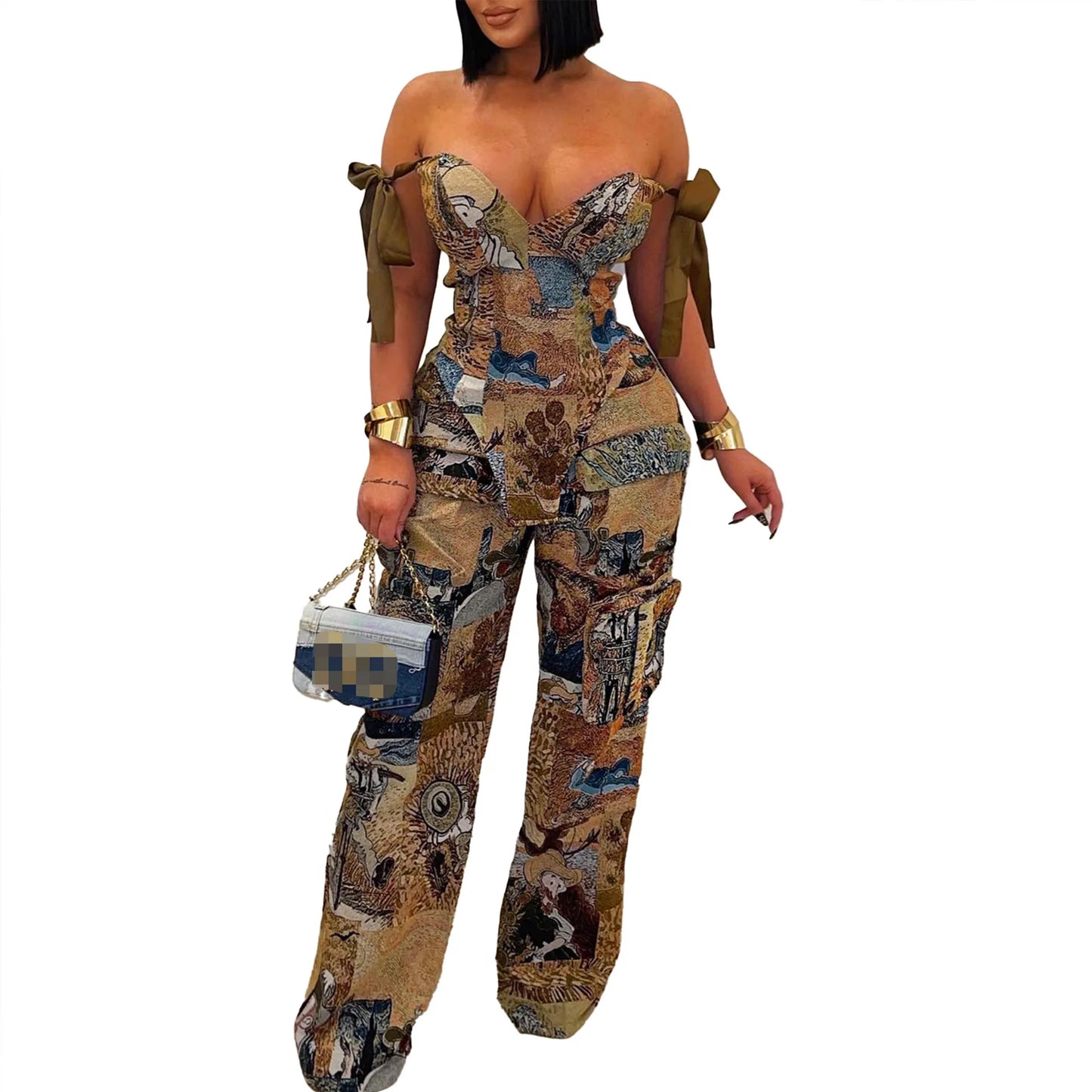 Oil Painting Printed Women's Set Lace Up Back Crop Top and Pants Suit Two 2 Piece Sets Outfit Tracksuit