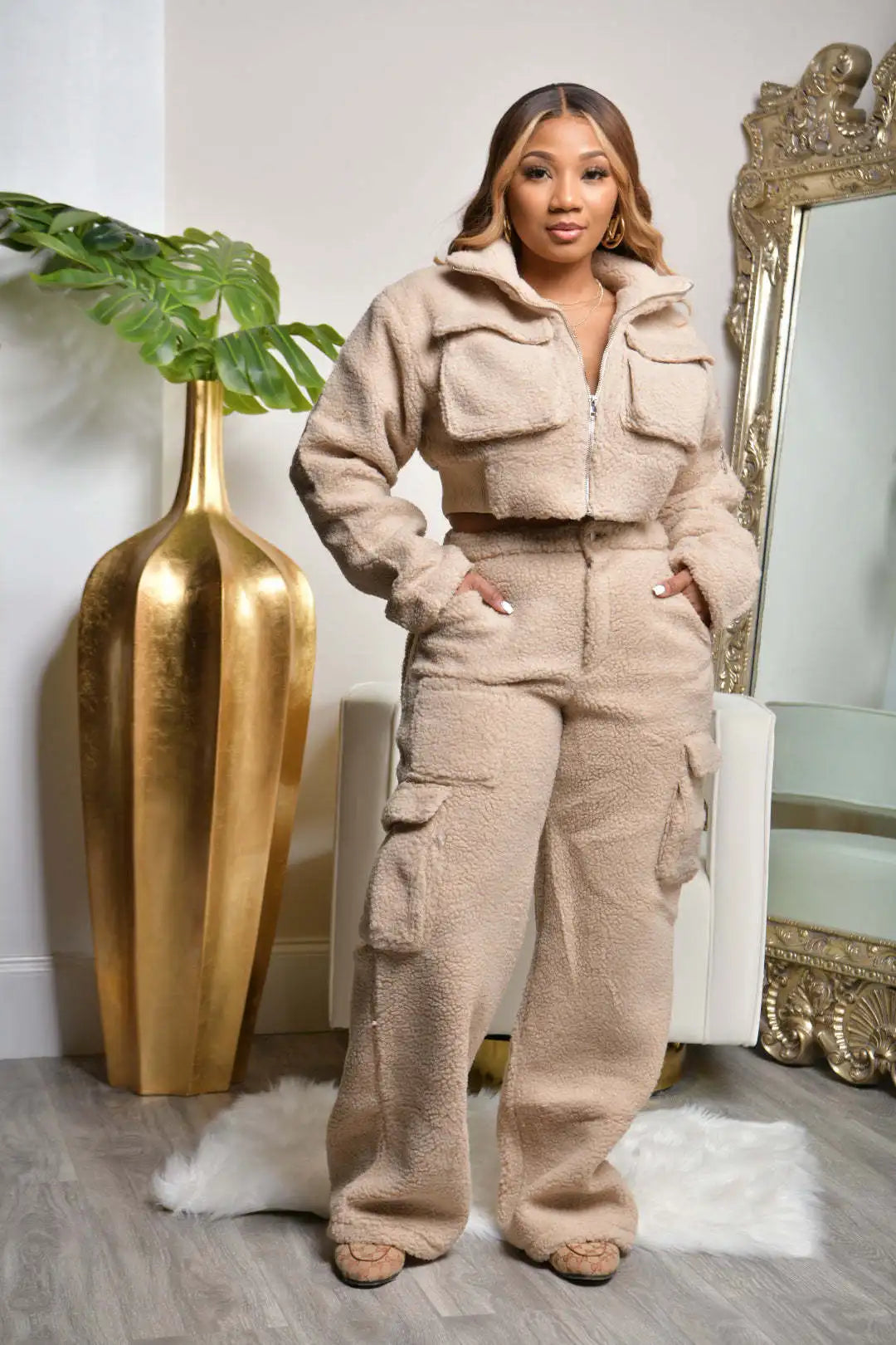 Spoken Dreams: 2 Piece Winter Long Sleeve Short Coat, Cargo Pants Set