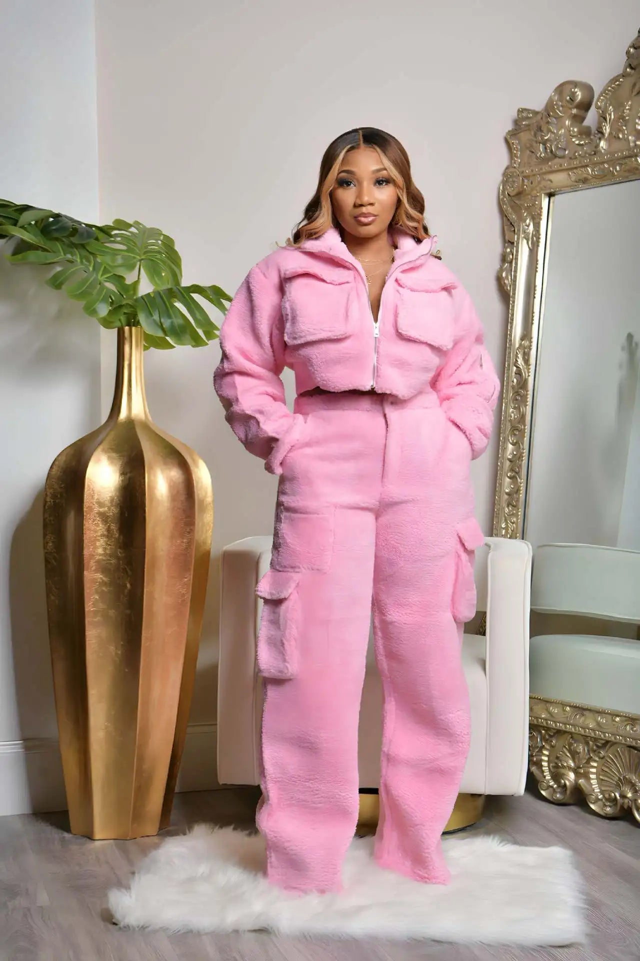 Spoken Dreams: 2 Piece Winter Long Sleeve Short Coat, Cargo Pants Set