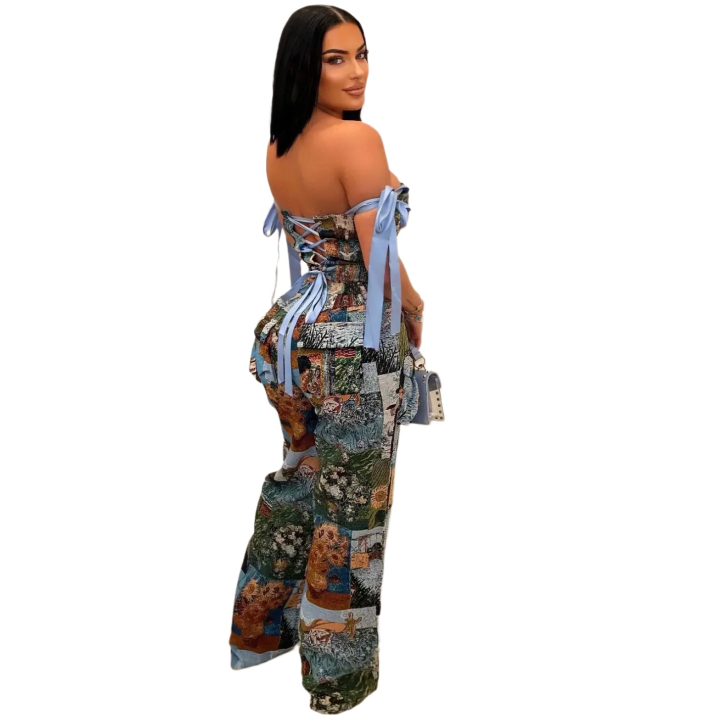 Oil Painting Printed Women's Set Lace Up Back Crop Top and Pants Suit Two 2 Piece Sets Outfit Tracksuit