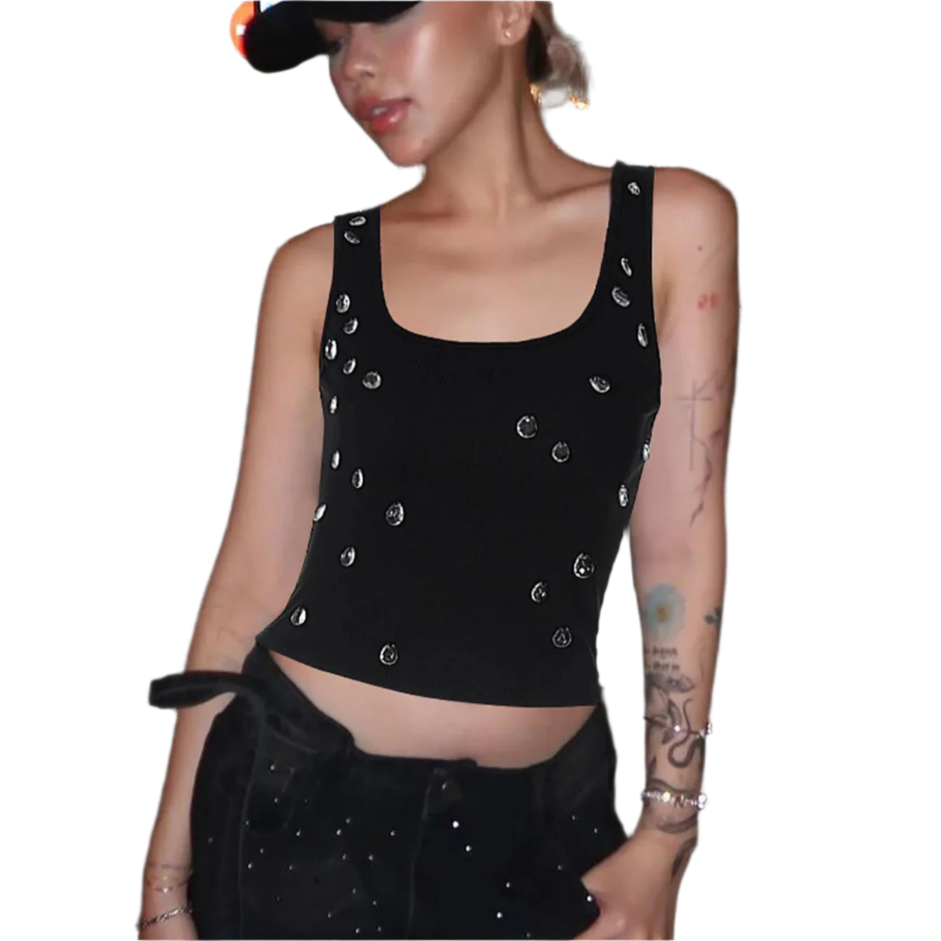 Ribbed Sleeveless Water Droplets Diamond Decorated Tank Sexy Casual Bodycon Top Party Club Streetwear Spring Summer