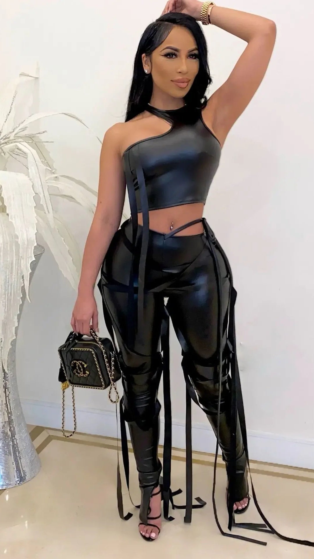 Faux Leather Women's Set Drawstring Lace Up Slit Leggings Pants Suit and Crop Top Street Tracksuit Two Piece Set Outfit