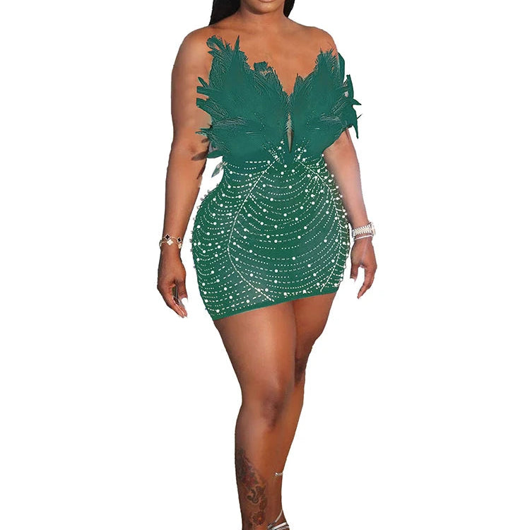 Sexy Feathers Rhinestones Backless Diamond Sheer Mesh Bodycon Dresses for Woman Rave Club Birthday Party Night Vestidos