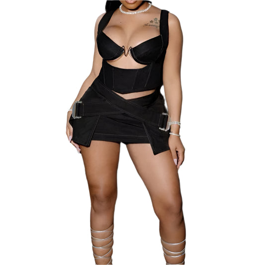 2 Piece Set Women Cut Out Shape Bare Midriff Zip-Up Tanks+High Waist Cross Ribbon Skirts Female Party Clubwear