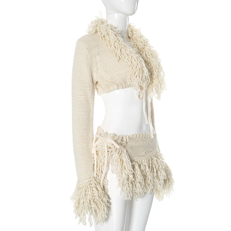 New French Knit Sexy Set Tie Cardigan Long Sleeve Navel Top + Fashion Sexy Mini Skirt Set For Y2K Hottie Girl Wear