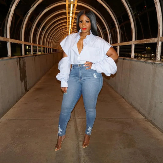 Women Cut Out Sleeve White Blouses