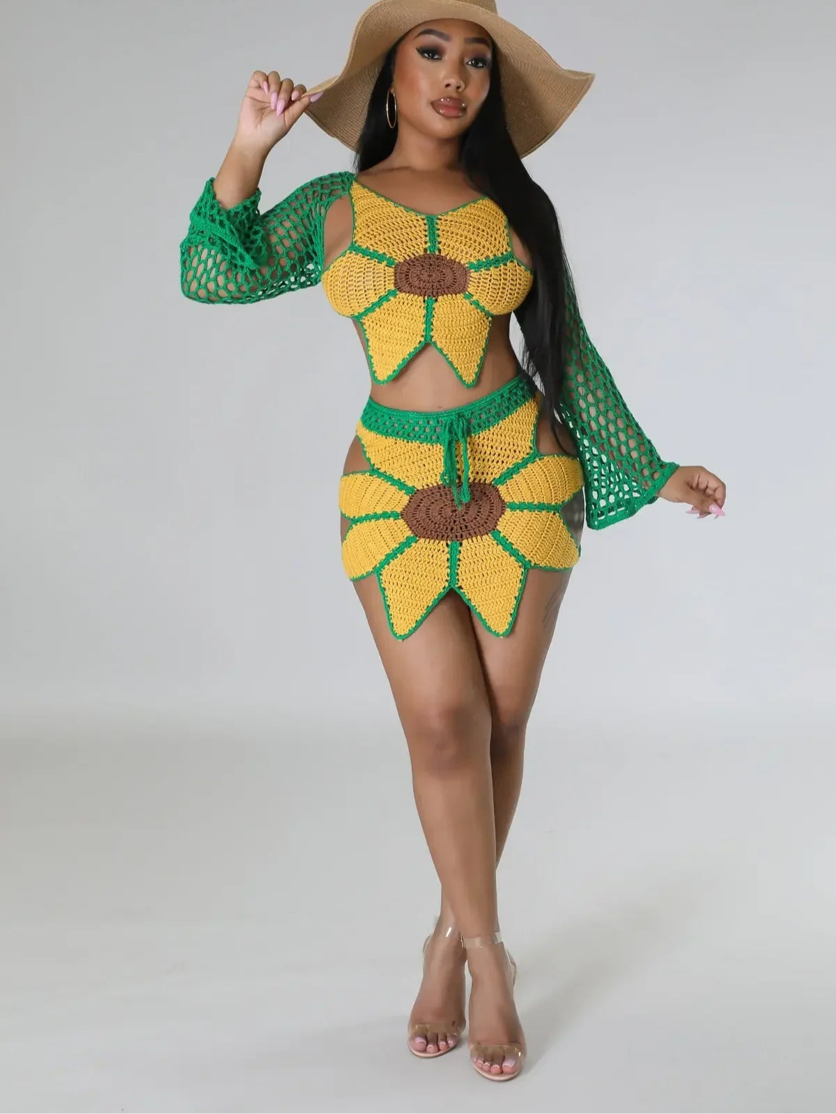 Crochet Sunflower Women Two 2 Piece Set Outfits Crop Top and Midi Mini Skirt Suit 2025