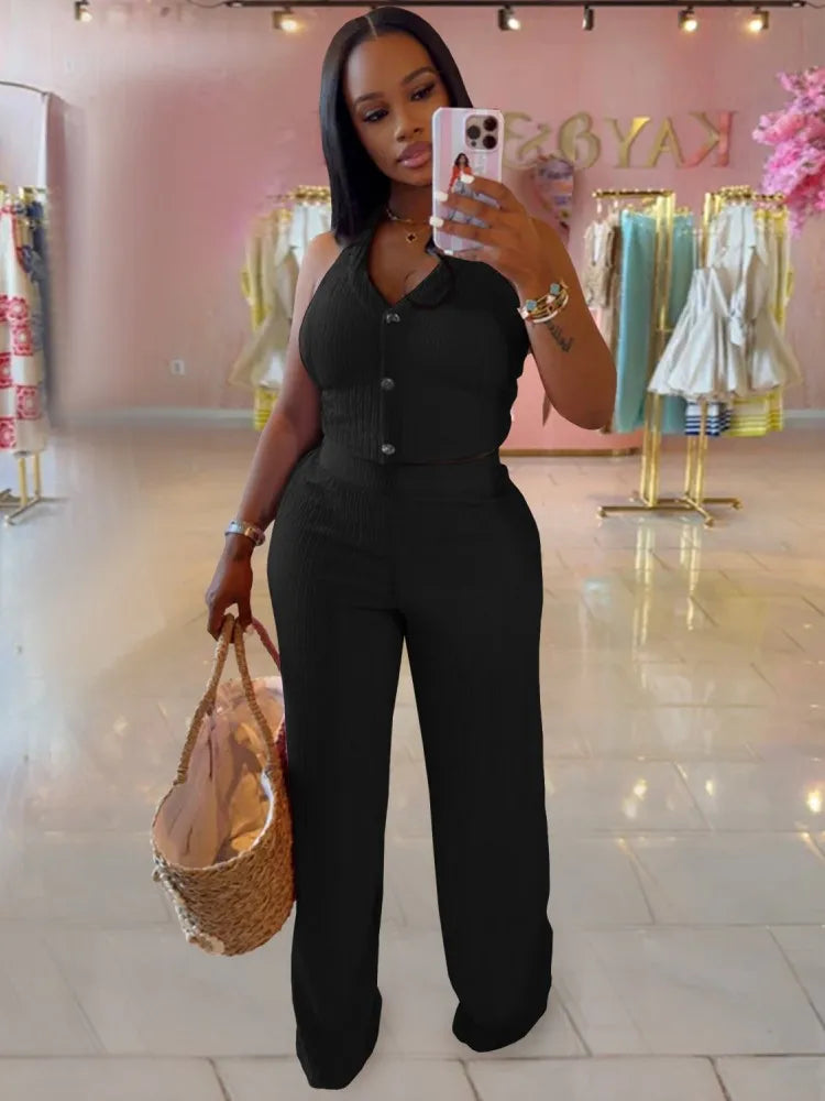 Casual Backless Halter Tie-Front Top and Wide Leg Pants Matching Tracksuits Streetwear S-XXL