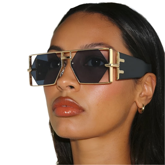 Vintage Punk Rectangle Sunglasses Women New 2025 Luxury Brand Trendy Hollow Hexagon Lenses Double Beam Shades For Ladies UV400