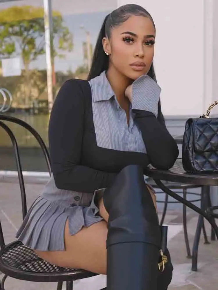 Hipster Women 2 Piece Set Y2K Chic Patchwork Irregular Button Crop Tops Pleated Skirts Matching Club Skinny Outfits