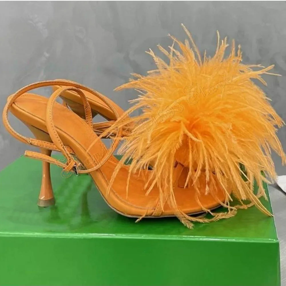 Feather Decor Ankle Strap Sandals Stilettos High heels Shoes