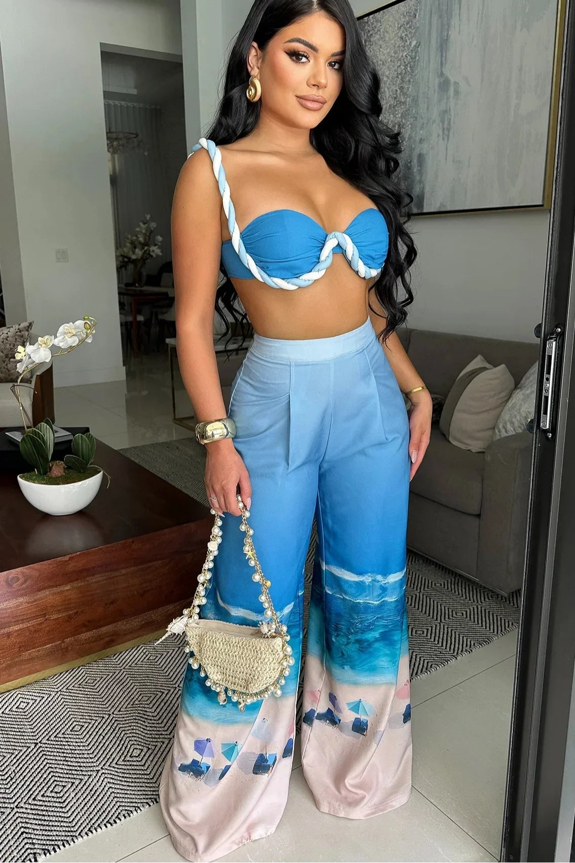 Summer Women's Set Beach Print Sleeveless Strapless Tops +Wide Leg Pants Suits Street Two 2 Piece Sets Bohemian Outfits