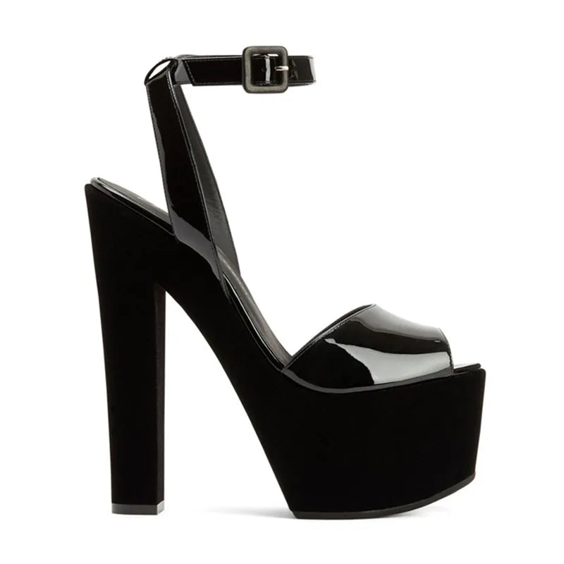 Fashion Velvet Platform Block Heel Sandals Back Cross  Strap Buckle Super High Heels Mixed Colors Woman Peep Toe Party Shoes