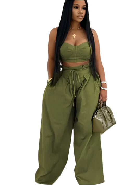 Sexy Zip Crop Camisole and High Waisted Drawstring Wide Leg Trousers 2 Piece Women Pants Suit Autumn Workout Streetwear