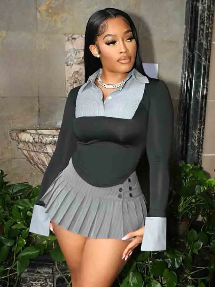 Hipster Women 2 Piece Set Y2K Chic Patchwork Irregular Button Crop Tops Pleated Skirts Matching Club Skinny Outfits