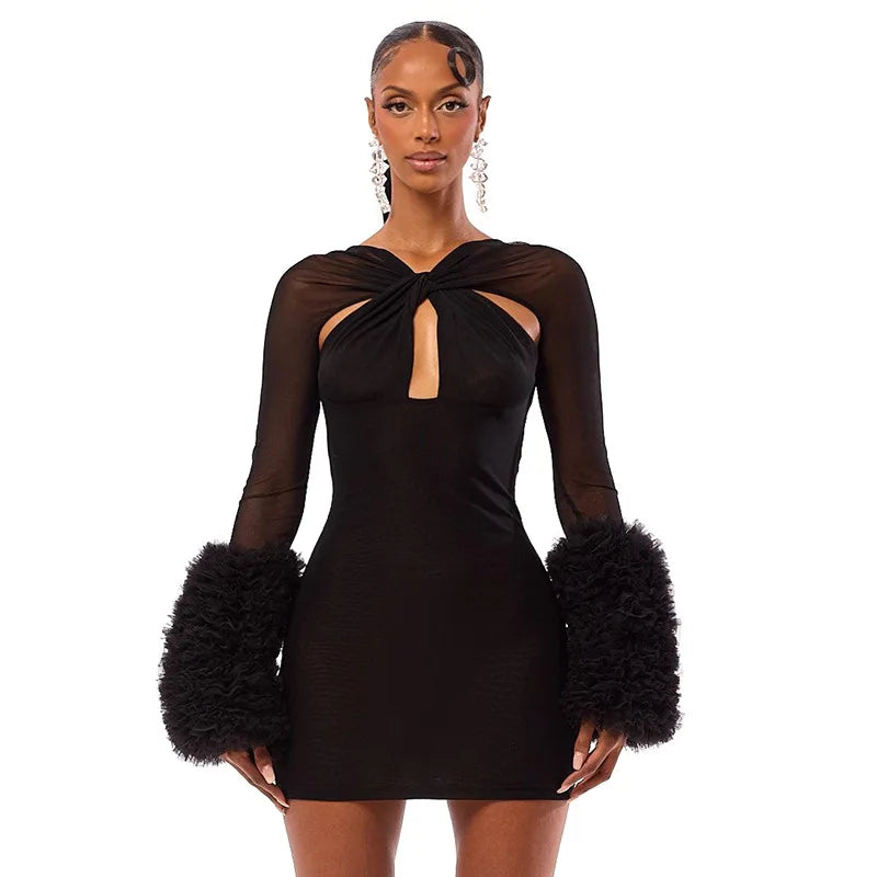 Spoken Dreams: Women See Through Full Sleeve Sexy Cross Elegant Dress Birthday Party Clubwear