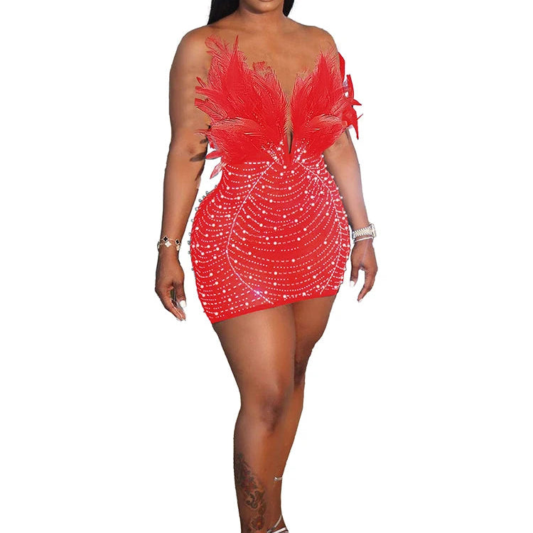Sexy Feathers Rhinestones Backless Diamond Sheer Mesh Bodycon Dresses for Woman Rave Club Birthday Party Night Vestidos