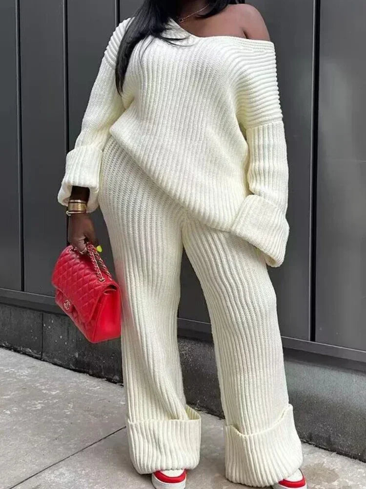 Spoken Dreams: Knit Ribbed Women's Long Sleeve V-neck Sweater Sets