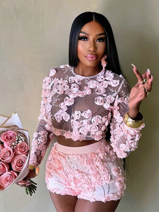 Flower Women's Set Mesh See Through Long Sleeve Top and Shorts Suits 2025 Sweet Party Girl Two 2 Piece Sets Outfits