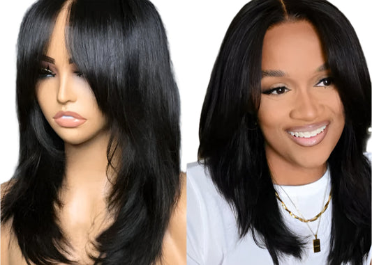 Wear And Go Wig With Layered Bang Glueless Ready To Wear Straight 360 Full lace Human Hair Wigs For Women 5x5 Lace Closure Wig