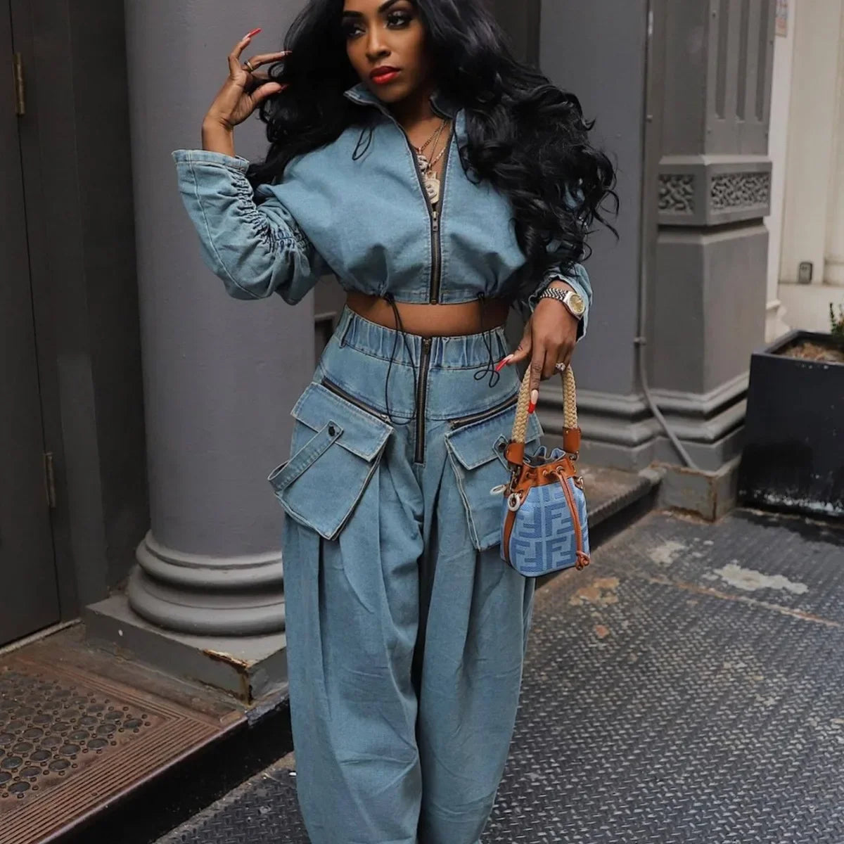 Denim Two Piece Sets Jacket Wide Leg Pants