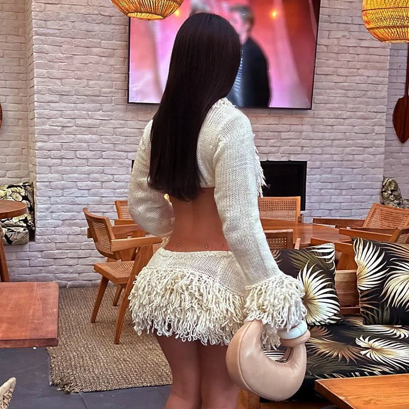 New French Knit Sexy Set Tie Cardigan Long Sleeve Navel Top + Fashion Sexy Mini Skirt Set For Y2K Hottie Girl Wear