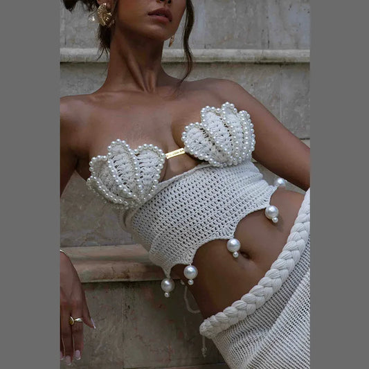 Sexy Crochet Hollow Out Pearl Skirt Set Women Solid Crop Bikini Tops Slim Hip Package Skirts 2025 Summer Lady Beach Outfits New