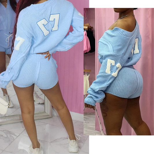 Sweet Knit 2 Piece Sets Women Outfit Female Lapel Zip Stripe Patchwork Crop Top And Drawstring Waist Shorts Suits New