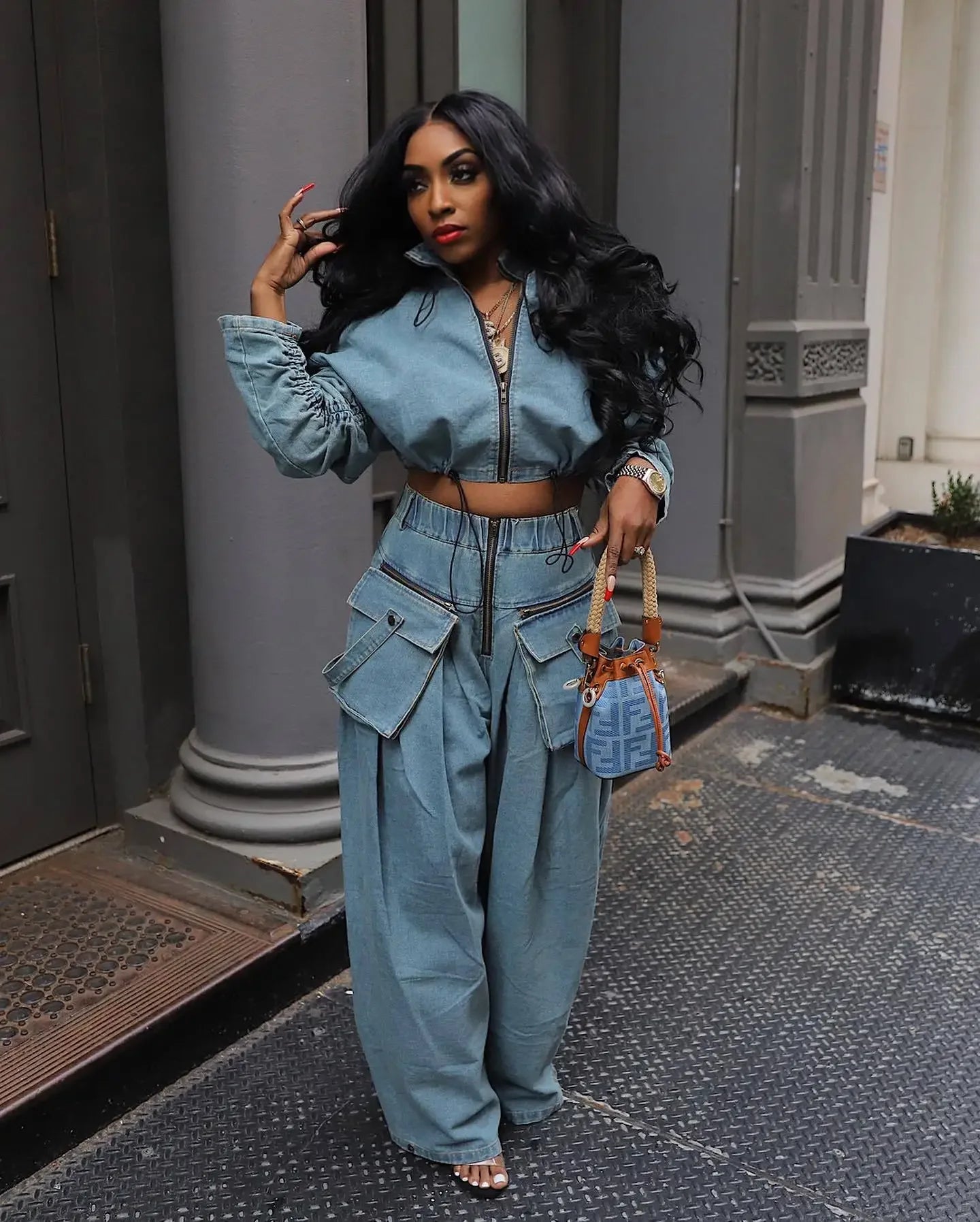 Denim Two Piece Sets Jacket Wide Leg Pants