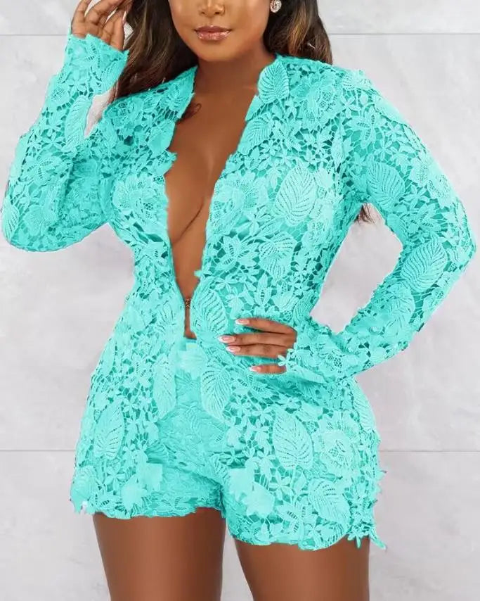 Spoken Dreams: Sexy Guipure Lace Placket Long Sleeve Set