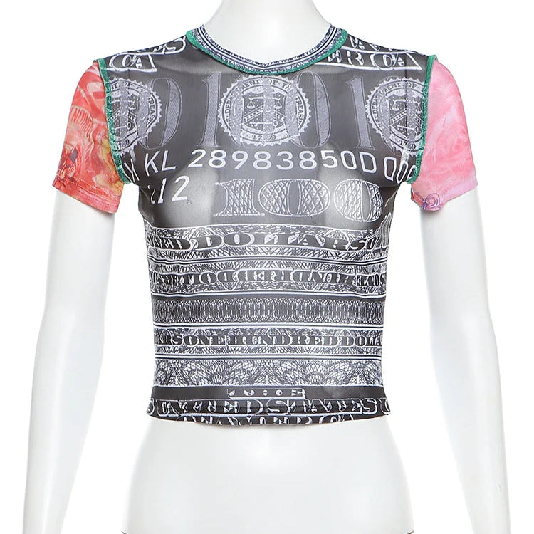 Crop Tops Women Numeral Print Short Sleeve O-Neck Sexy Club Patchwork Streetwear Skinny Hot Girls Tees