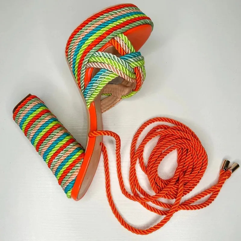 Colored Rope Woven Cross Strap Sandals Women High-heeled Shoes