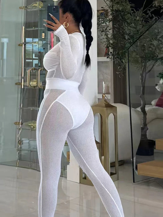 Spoken Dreams: Elegant White Mesh Crop Top, Matching Pants Set