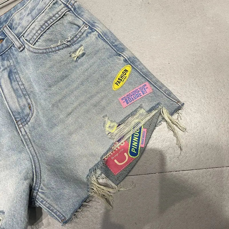 High Street Hit Color Patchwork Ripped Denim Loose Wide Leg Jean Shorts