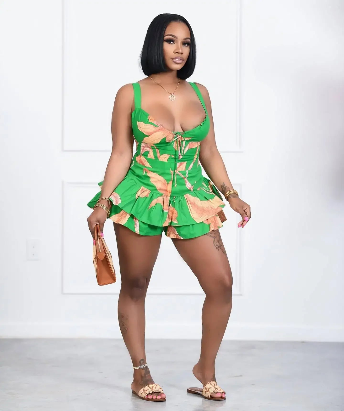 Elegant Beach Ruffles Tank Crop Tops Shorts Matching Two 2 Piece Set