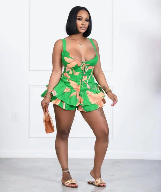 Elegant Beach Ruffles Tank Crop Tops Shorts Matching Two 2 Piece Set