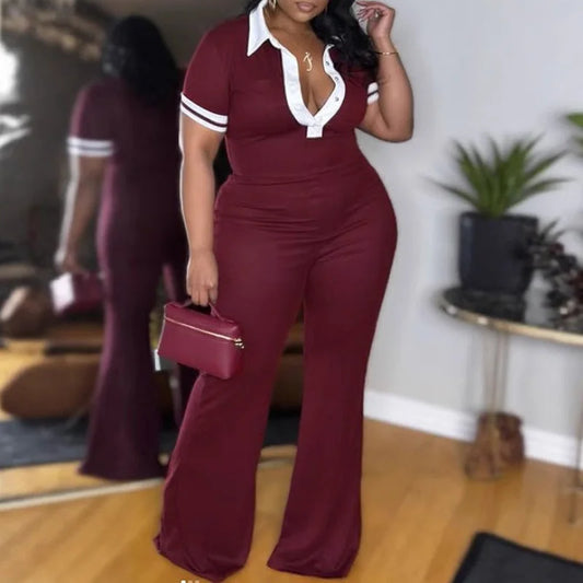 Elegant Short Sleeve High Waist Casual Flare Leg Jumpsuits
