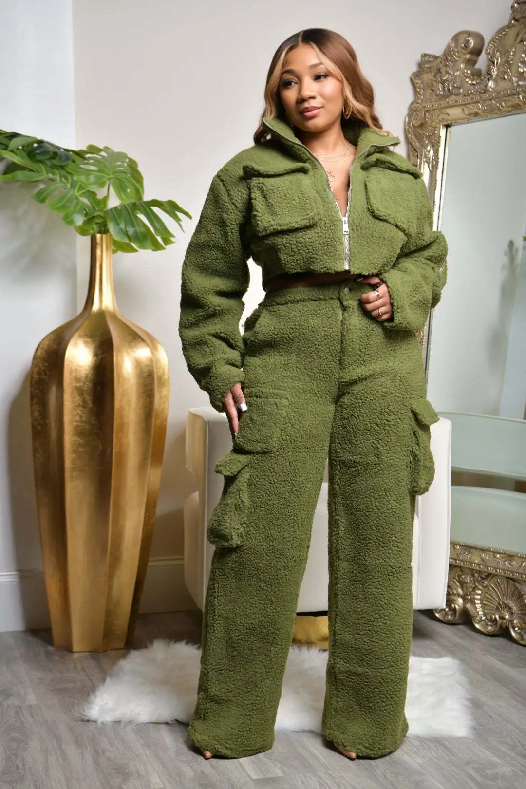 Spoken Dreams: 2 Piece Winter Long Sleeve Short Coat, Cargo Pants Set