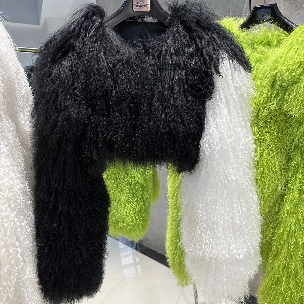Spoken Dreams: Colorful Women's Real Sheep Fur Jacket