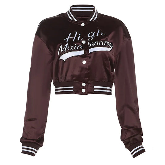 Spoken Dreams: Embroidery Lettered Cropped Varsity Jacket