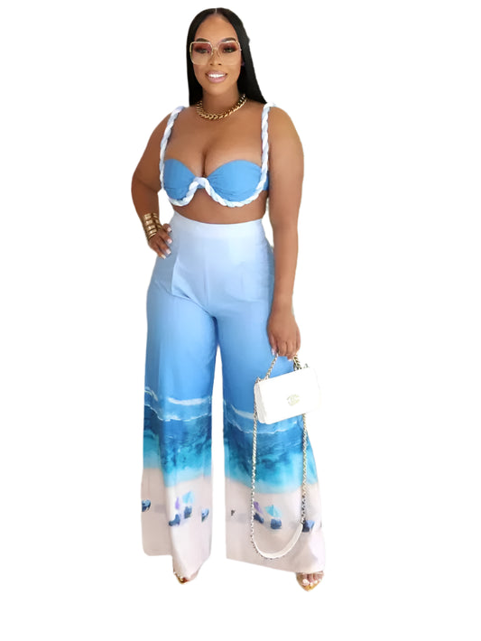 Summer Women's Set Beach Print Sleeveless Strapless Tops +Wide Leg Pants Suits Street Two 2 Piece Sets Bohemian Outfits
