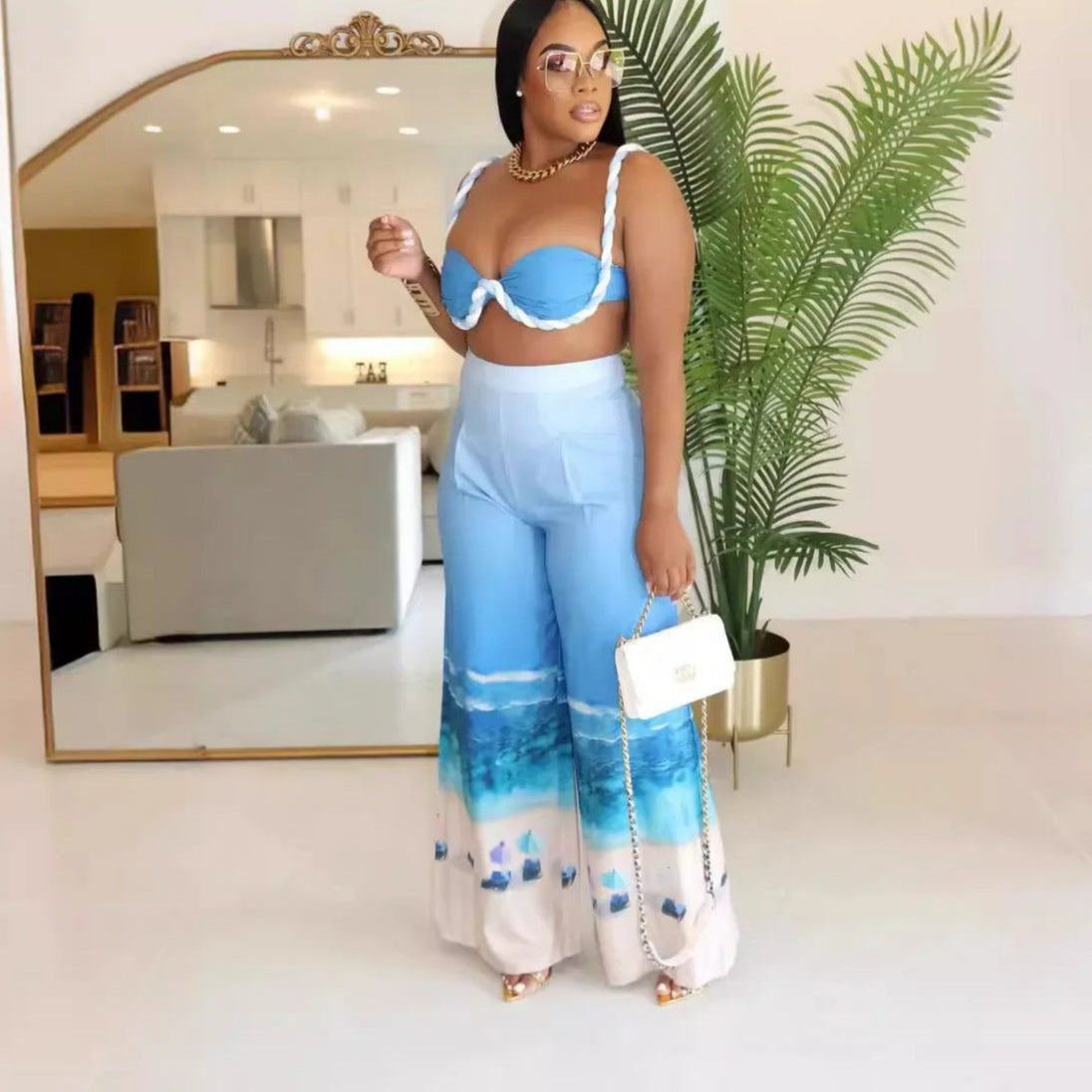 Summer Women's Set Beach Print Sleeveless Strapless Tops +Wide Leg Pants Suits Street Two 2 Piece Sets Bohemian Outfits